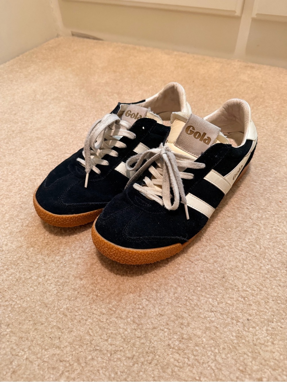 Gola Women's Black Suede Sneakers with White Stripes and Gum Sole